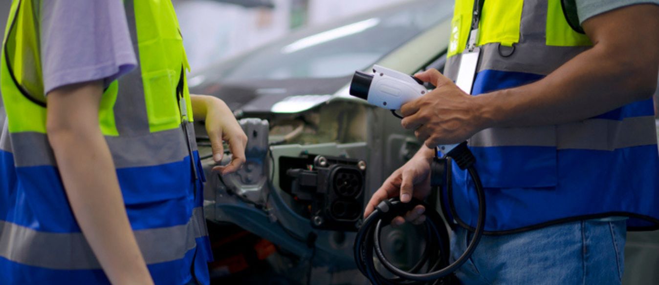 Two students in safety vests at an electric vehicle workshop inspecting a car and one holding an EV charger in a garage setting.